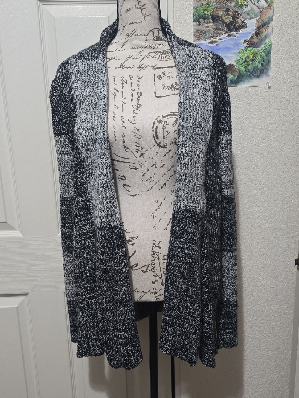 Cozy Open-Front Relaxed Cardigan Sweater, Black & Gray, Large, EUC